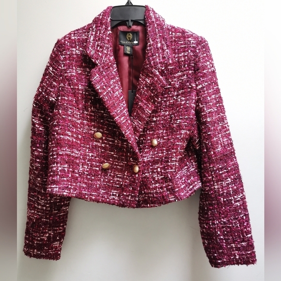 NWT House Of Harlow size M Tweed Double-Breast Metalilegant Blazer in Burgundy - Picture 6 of 14